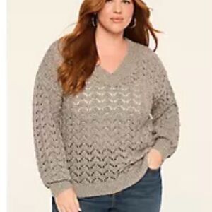 Lane Bryant Grey Open-Knit Sequin V-Neck Sweater